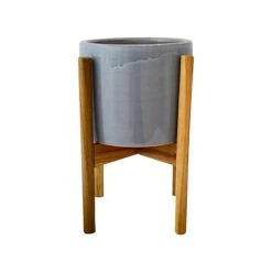 Anzio Warm Grey Planter With Wooden Stand H38.5Cm D24Cm